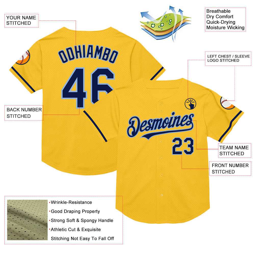 Custom Gold Navy-Light Blue Mesh Authentic Throwback Baseball Jersey - Sky-Custom