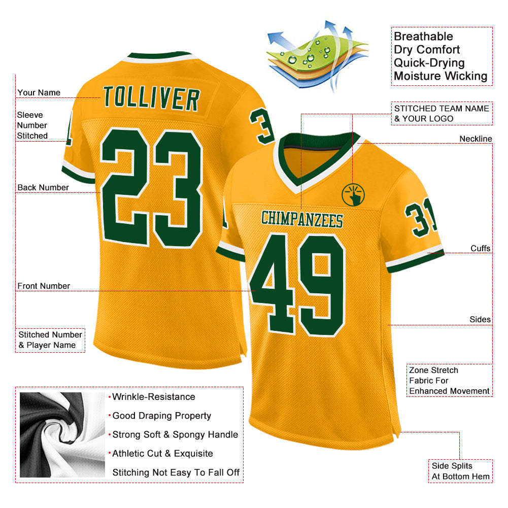 Custom Gold Green-White Mesh Authentic Throwback Football Jersey - Sky-Custom