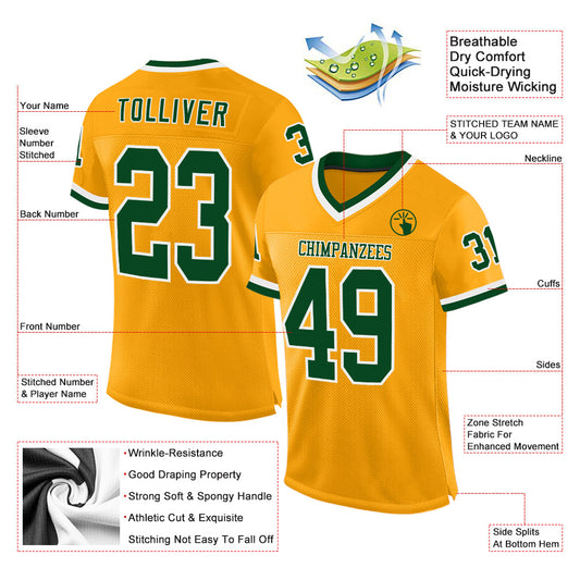 Custom Gold Green-White Mesh Authentic Throwback Football Jersey - Sky-Custom
