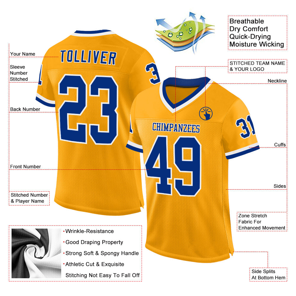 Custom Gold Royal-White Mesh Authentic Throwback Football Jersey - Sky-Custom