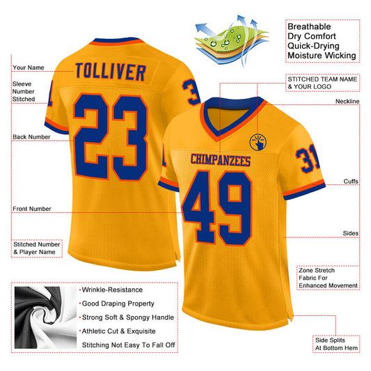 Custom Gold Royal-Orange Mesh Authentic Throwback Football Jersey - Sky-Custom