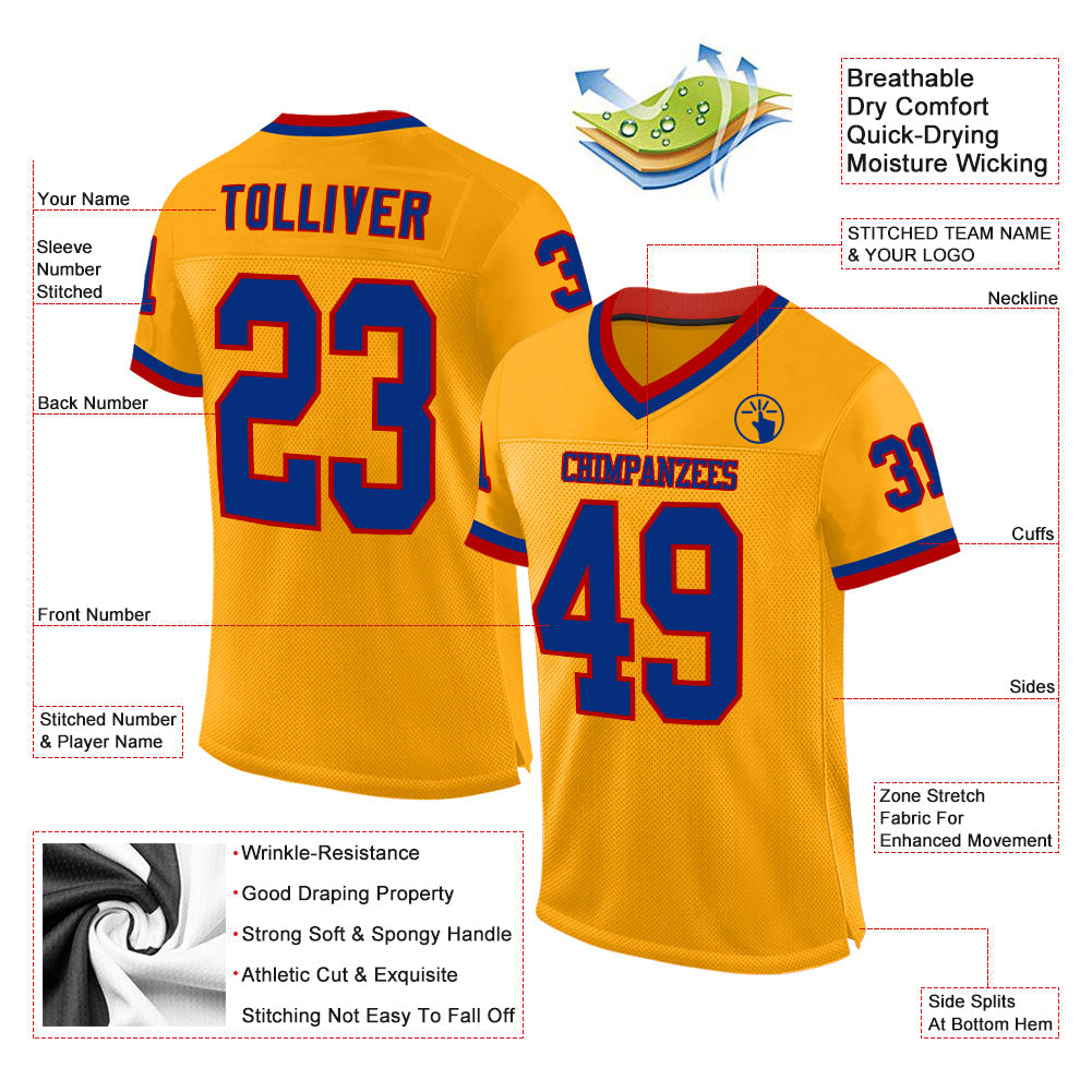 Custom Gold Royal-Red Mesh Authentic Throwback Football Jersey - Sky-Custom