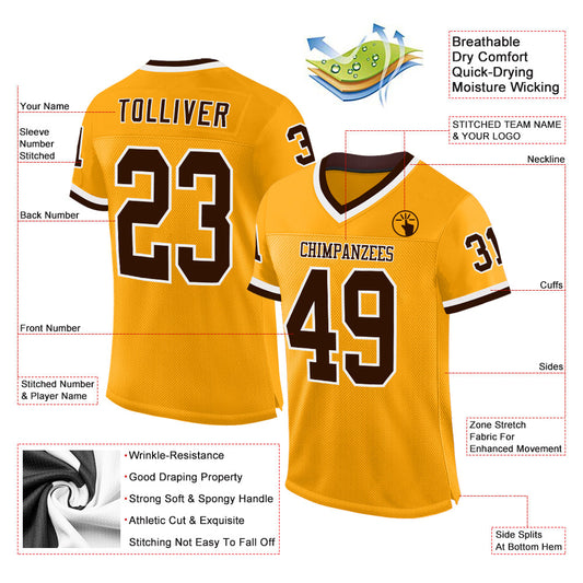 Custom Gold Brown-White Mesh Authentic Throwback Football Jersey - Sky-Custom