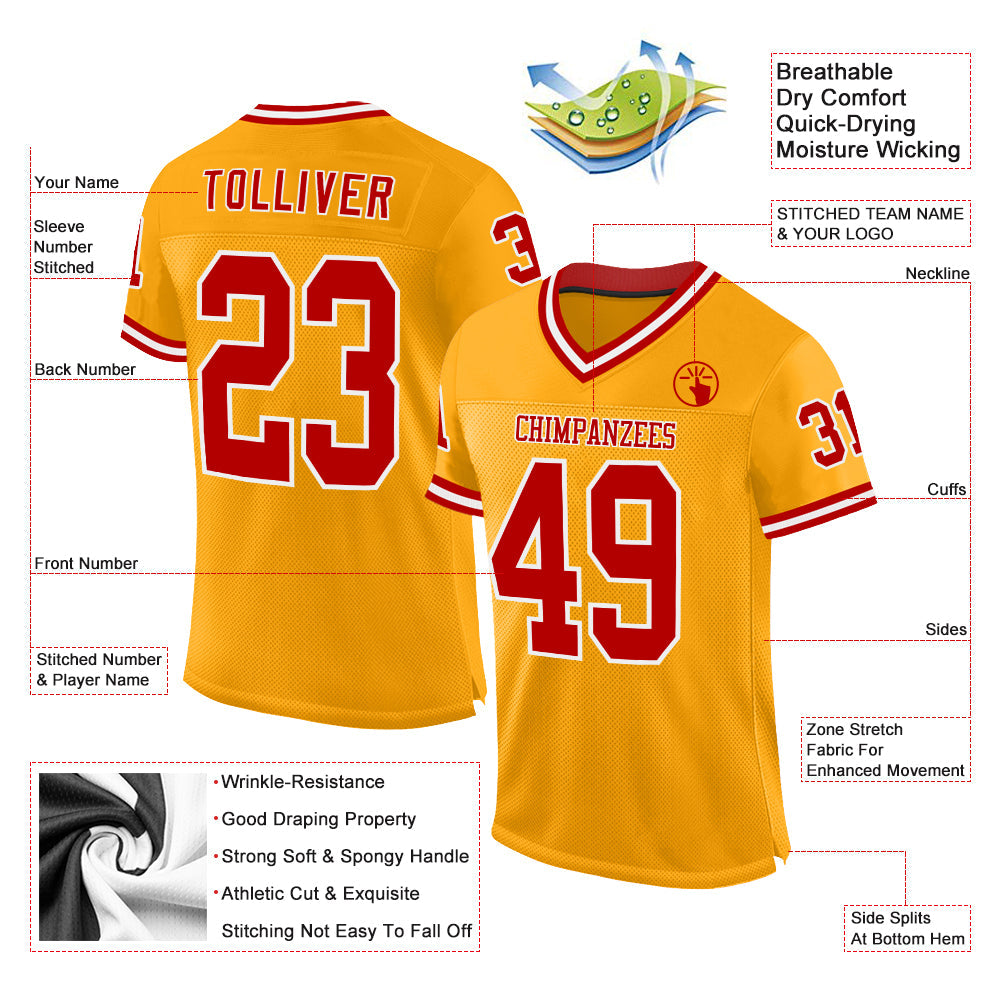 Custom Gold Red-White Mesh Authentic Throwback Football Jersey - Sky-Custom