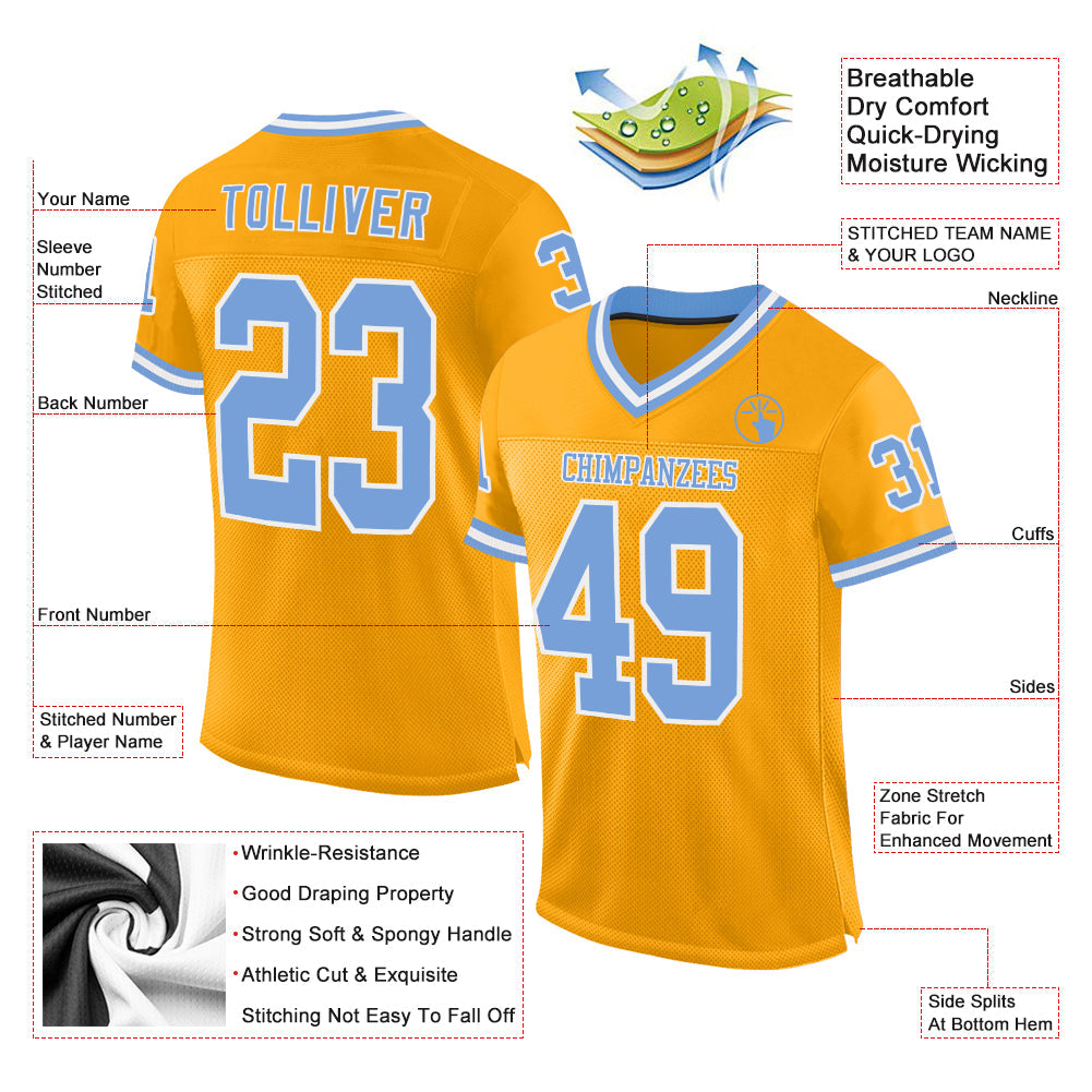 Custom Gold Light Blue-White Mesh Authentic Throwback Football Jersey - Sky-Custom