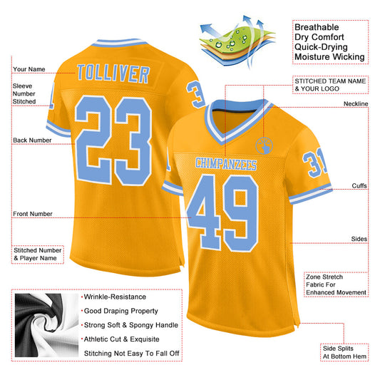 Custom Gold Light Blue-White Mesh Authentic Throwback Football Jersey - Sky-Custom