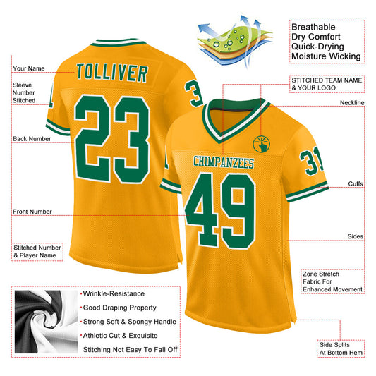 Custom Gold Kelly Green-White Mesh Authentic Throwback Football Jersey - Sky-Custom