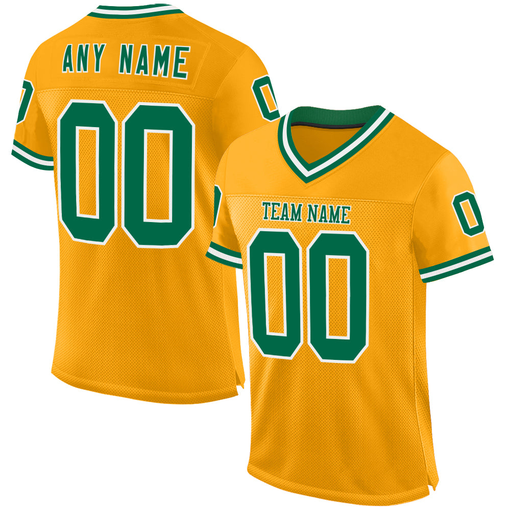 Custom Gold Kelly Green-White Mesh Authentic Throwback Football Jersey - Sky-Custom