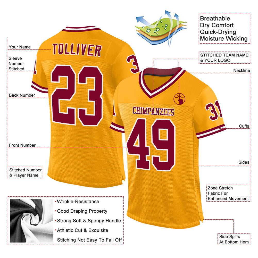 Custom Gold Maroon-White Mesh Authentic Throwback Football Jersey - Sky-Custom