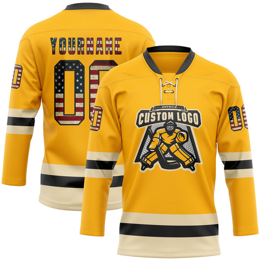 Custom Gold Vintage USA Flag Black-Cream Hockey Lace Neck Jersey - Sky-Custom
