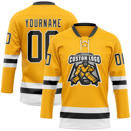 Custom Gold Black-White Hockey Lace Neck Jersey - Sky-Custom
