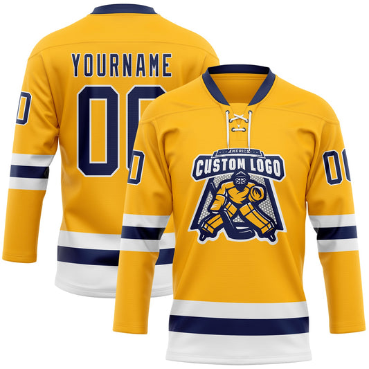 Custom Gold Navy-White Hockey Lace Neck Jersey - Sky-Custom