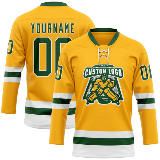 Custom Gold Green-White Hockey Lace Neck Jersey - Sky-Custom