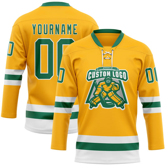Custom Gold Kelly Green-White Hockey Lace Neck Jersey - Sky-Custom