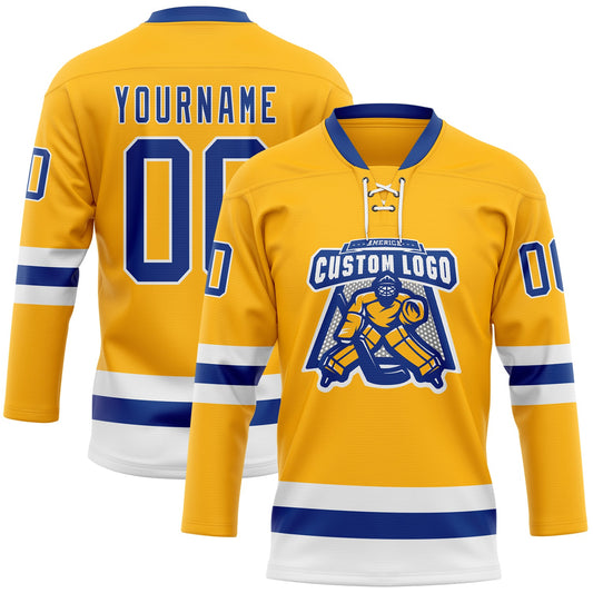 Custom Gold Royal-White Hockey Lace Neck Jersey - Sky-Custom