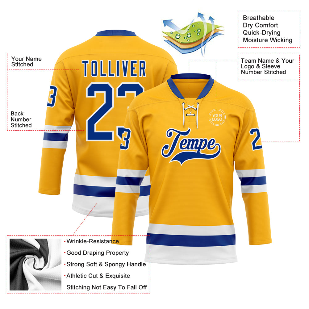 Custom Gold Royal-White Hockey Lace Neck Jersey - Sky-Custom