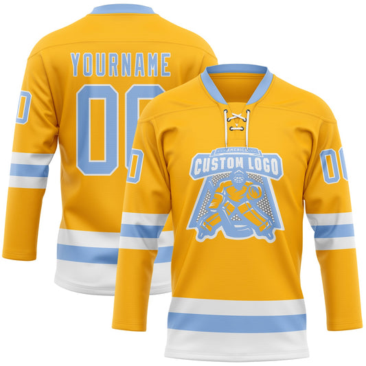 Custom Gold Light Blue-White Hockey Lace Neck Jersey - Sky-Custom
