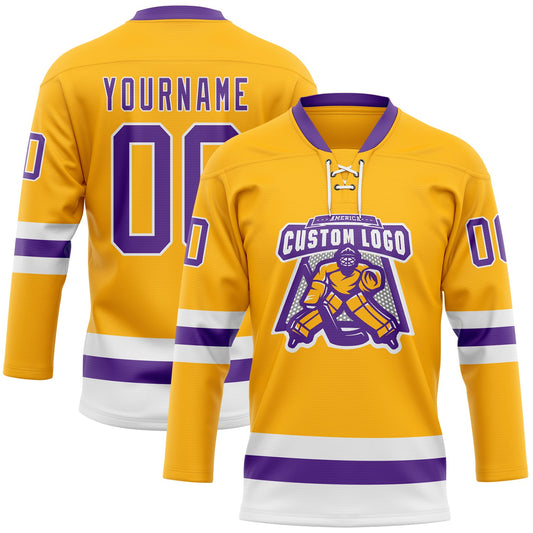 Custom Gold Purple-White Hockey Lace Neck Jersey - Sky-Custom