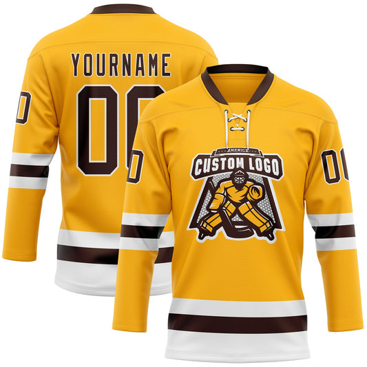 Custom Gold Brown-White Hockey Lace Neck Jersey - Sky-Custom