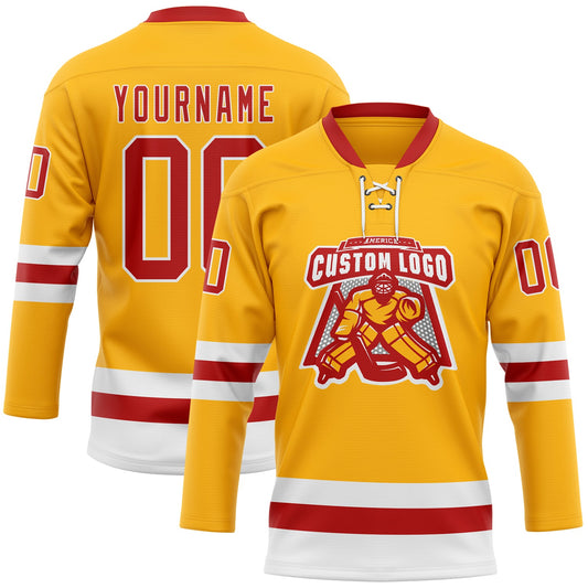 Custom Gold Red-White Hockey Lace Neck Jersey - Sky-Custom