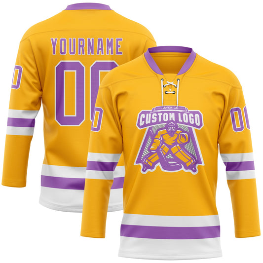 Custom Gold Medium Purple-White Hockey Lace Neck Jersey - Sky-Custom