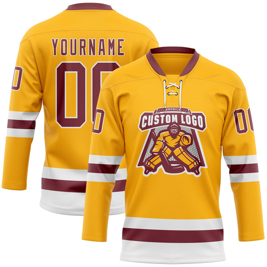 Custom Gold Burgundy-White Hockey Lace Neck Jersey - Sky-Custom