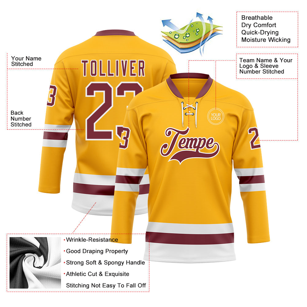 Custom Gold Burgundy-White Hockey Lace Neck Jersey - Sky-Custom