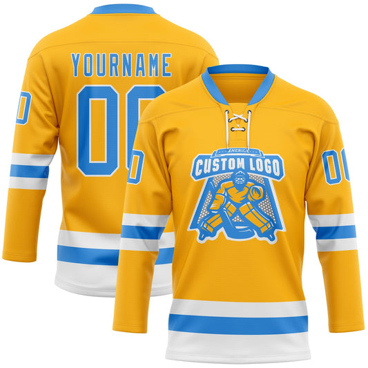 Custom Gold Powder Blue-White Hockey Lace Neck Jersey - Sky-Custom