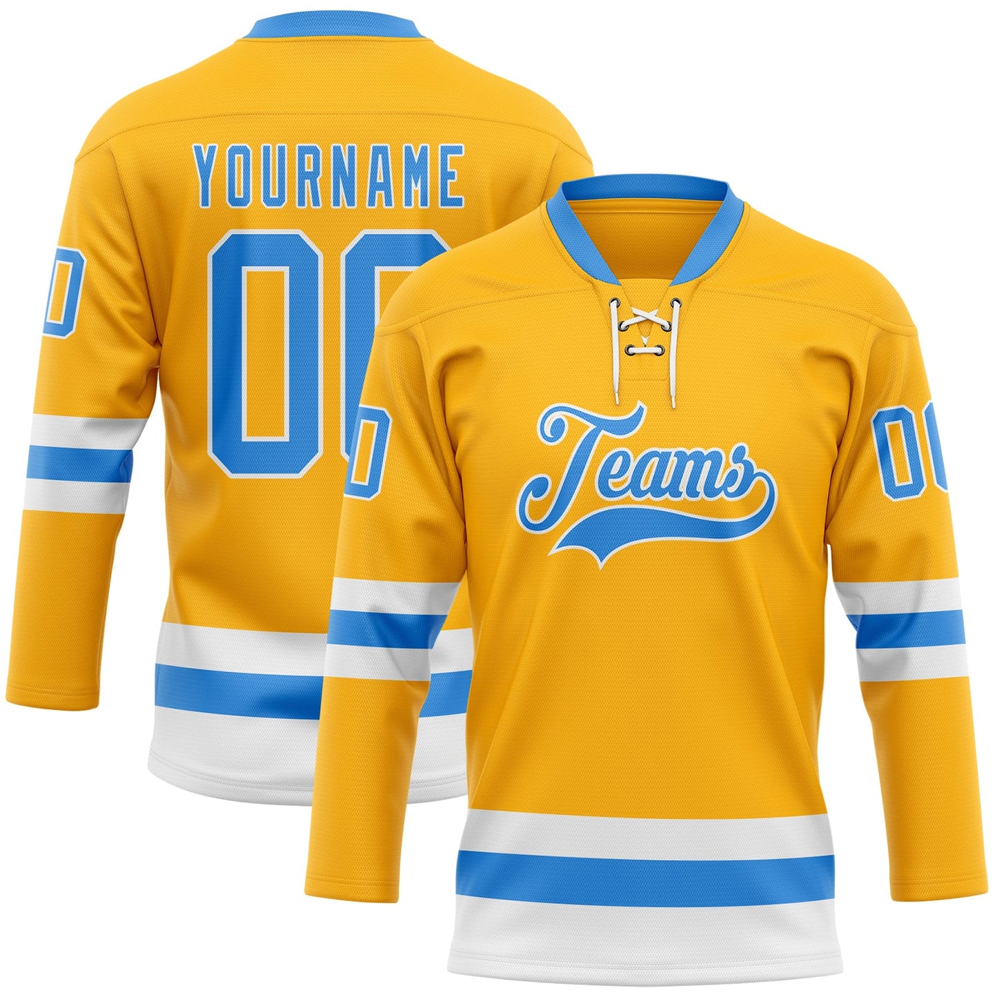 Custom Gold Powder Blue-White Hockey Lace Neck Jersey - Sky-Custom