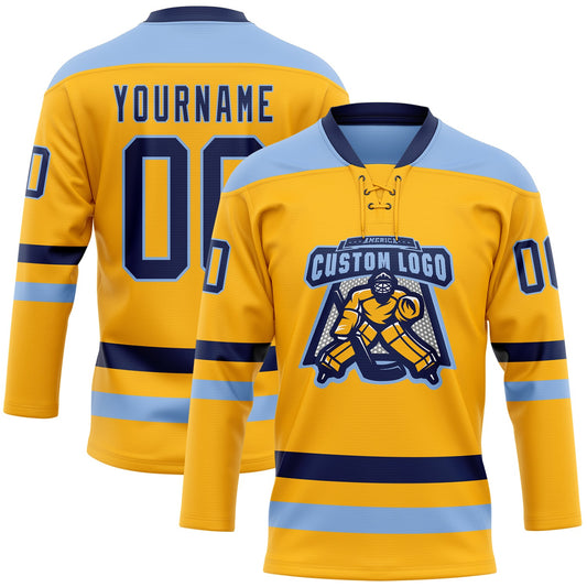 Custom Gold Navy-Light Blue Hockey Lace Neck Jersey - Sky-Custom