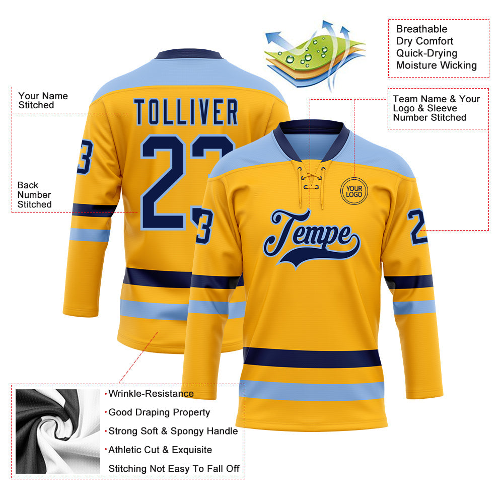 Custom Gold Navy-Light Blue Hockey Lace Neck Jersey - Sky-Custom