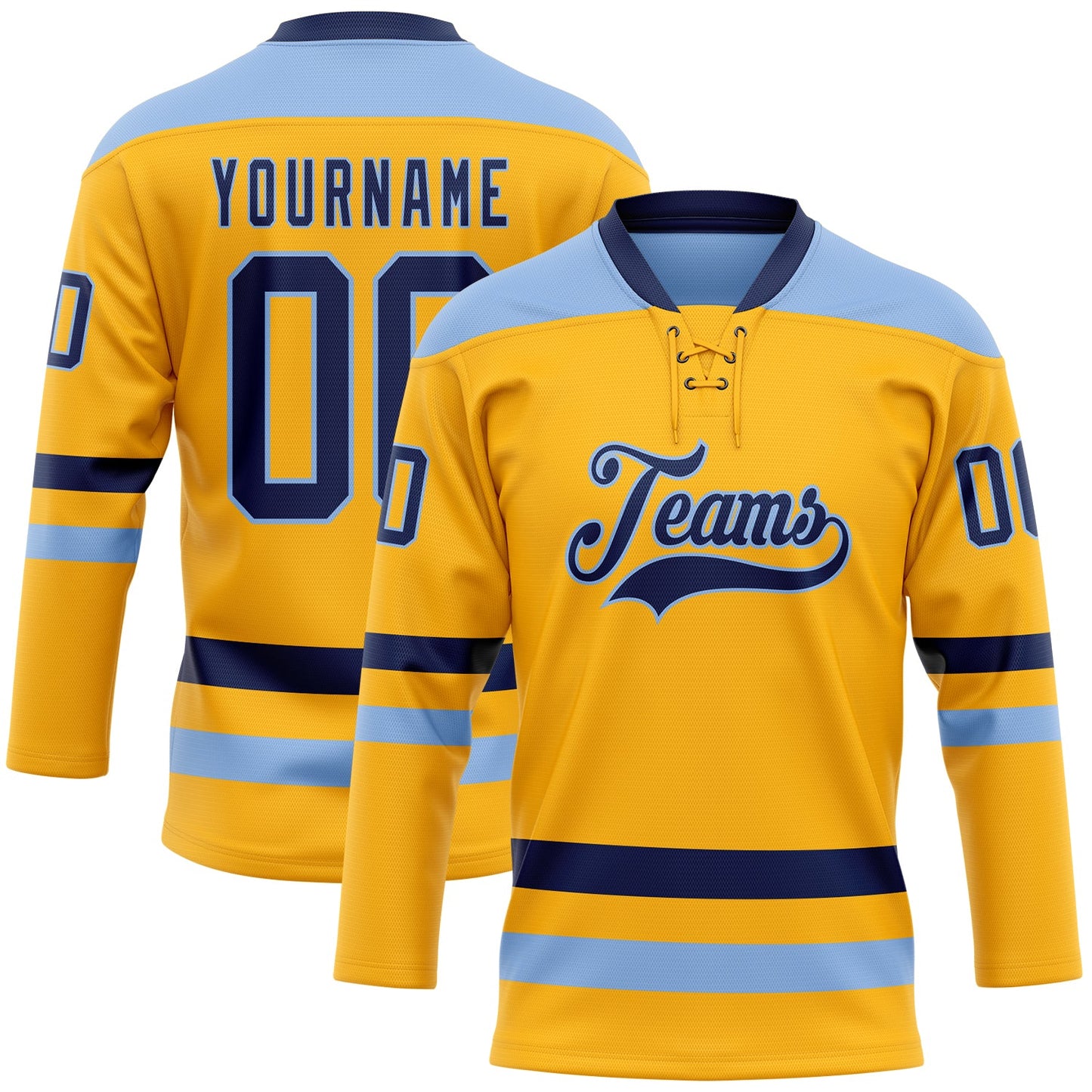 Custom Gold Navy-Light Blue Hockey Lace Neck Jersey - Sky-Custom