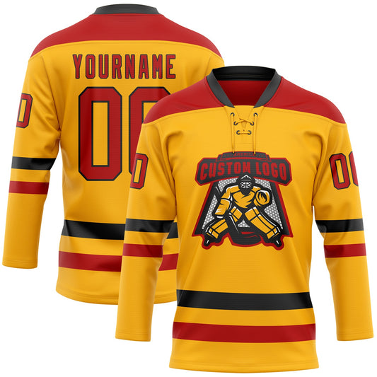 Custom Gold Red-Black Hockey Lace Neck Jersey - Sky-Custom