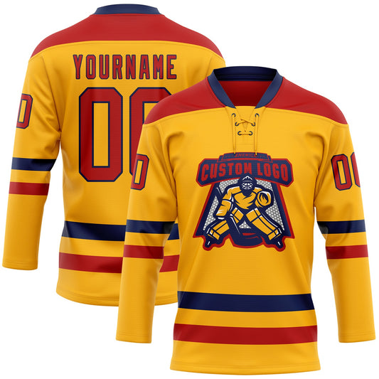 Custom Gold Red-Navy Hockey Lace Neck Jersey - Sky-Custom