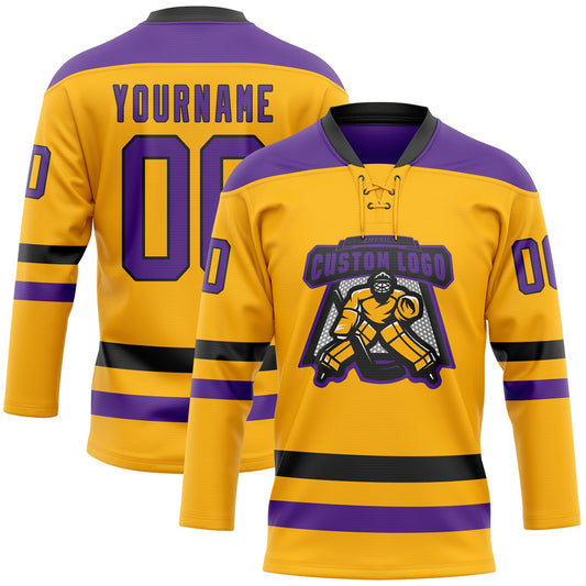 Custom Gold Purple-Black Hockey Lace Neck Jersey - Sky-Custom