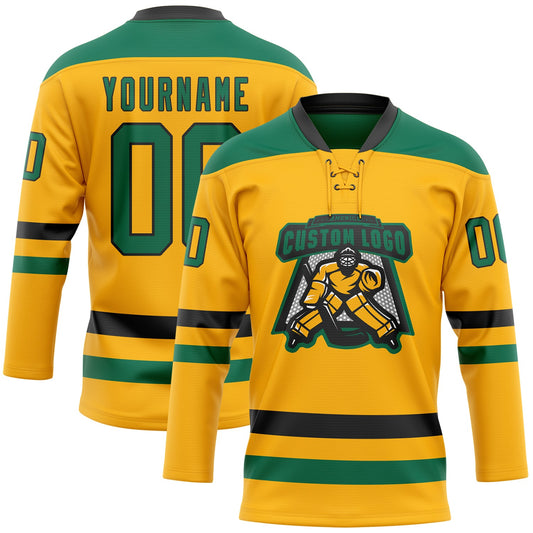 Custom Gold Kelly Green-Black Hockey Lace Neck Jersey - Sky-Custom
