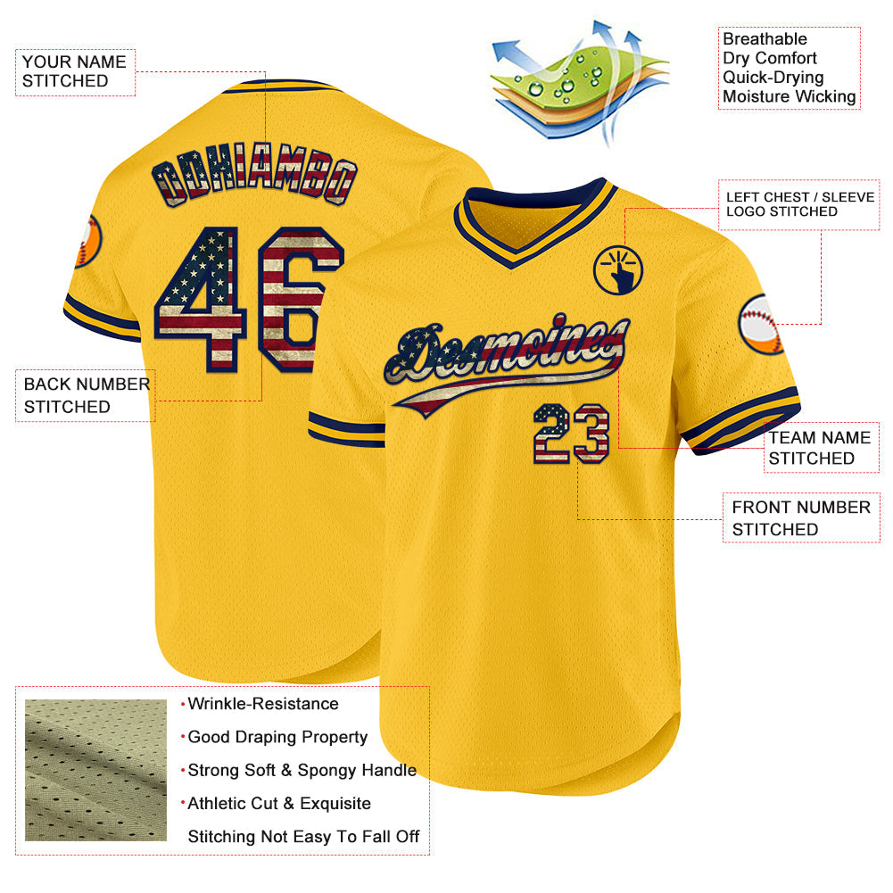 Custom Gold Vintage USA Flag-Navy Authentic Throwback Baseball Jersey - Sky-Custom