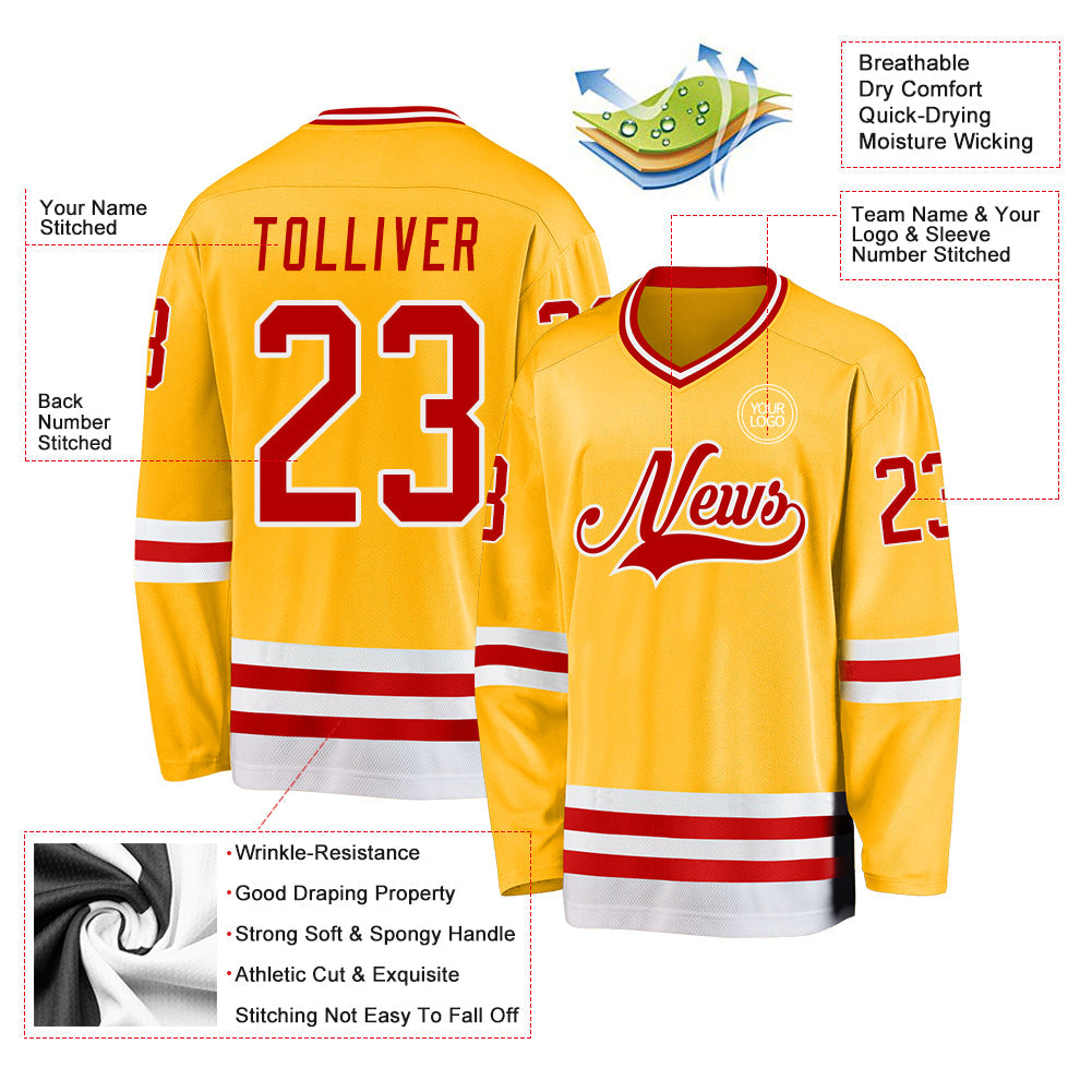 Custom Gold Red-White Hockey Jersey - Sky-Custom