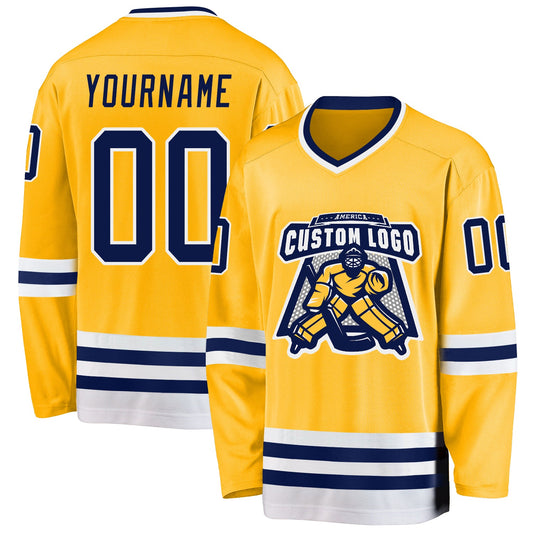 Custom Gold Navy-White Hockey Jersey - Sky-Custom