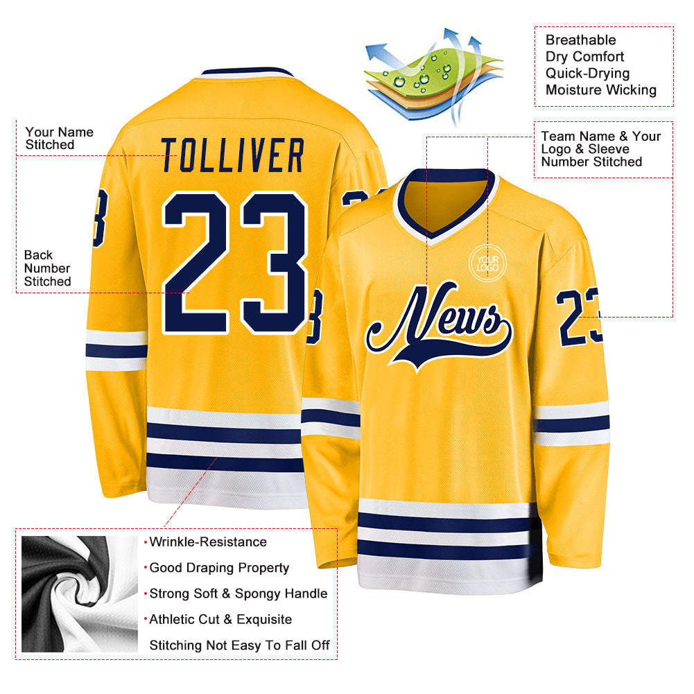 Custom Gold Navy-White Hockey Jersey - Sky-Custom