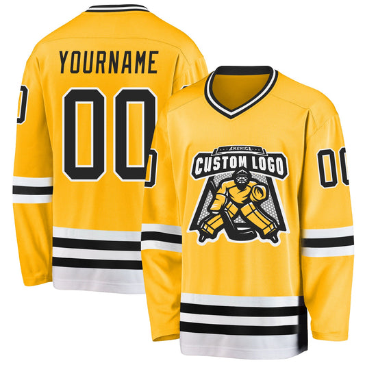 Custom Gold Black-White Hockey Jersey - Sky-Custom