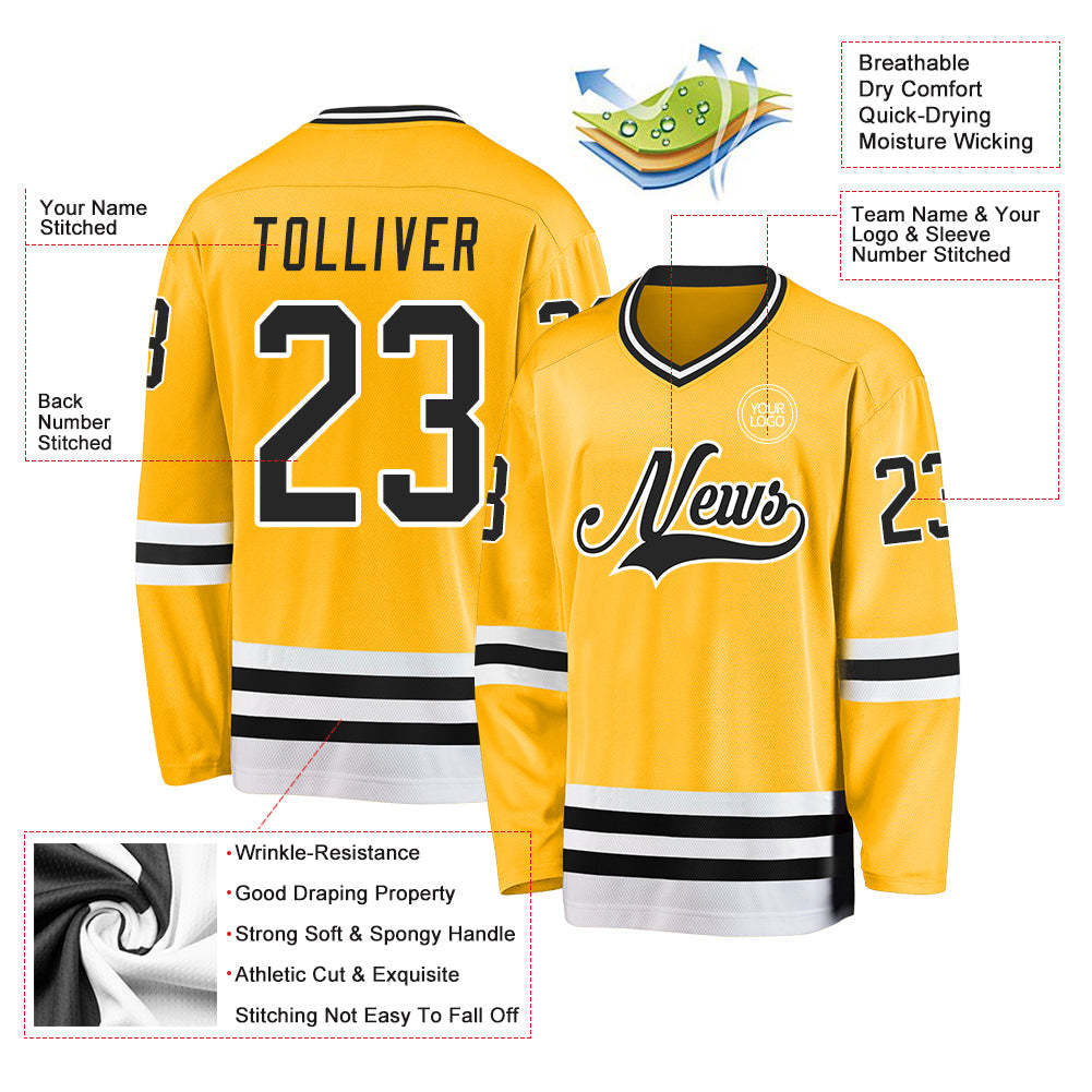 Custom Gold Black-White Hockey Jersey - Sky-Custom