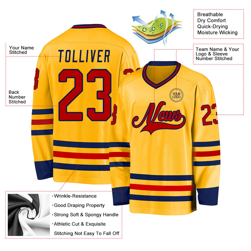 Custom Gold Red-Navy Hockey Jersey - Sky-Custom