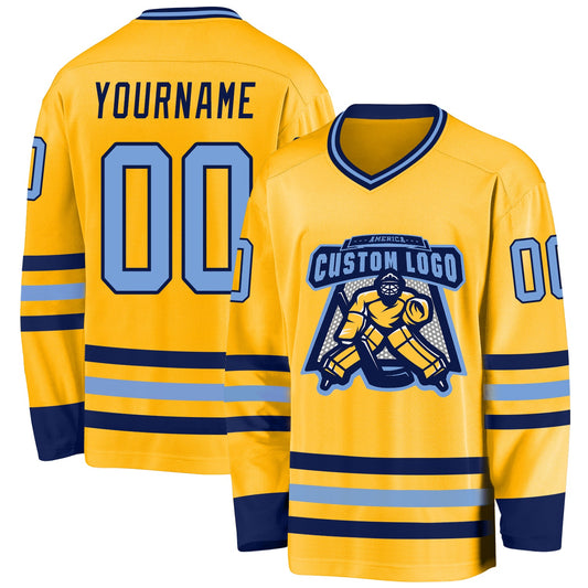 Custom Gold Light Blue-Navy Hockey Jersey - Sky-Custom
