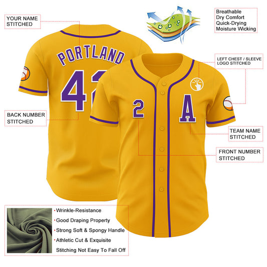 Custom Gold Purple-White Authentic Baseball Jersey - Sky-Custom
