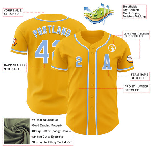 Custom Gold Light Blue-White Authentic Baseball Jersey - Sky-Custom