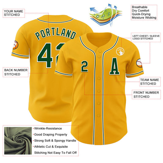Custom Gold Green-White Authentic Baseball Jersey - Sky-Custom
