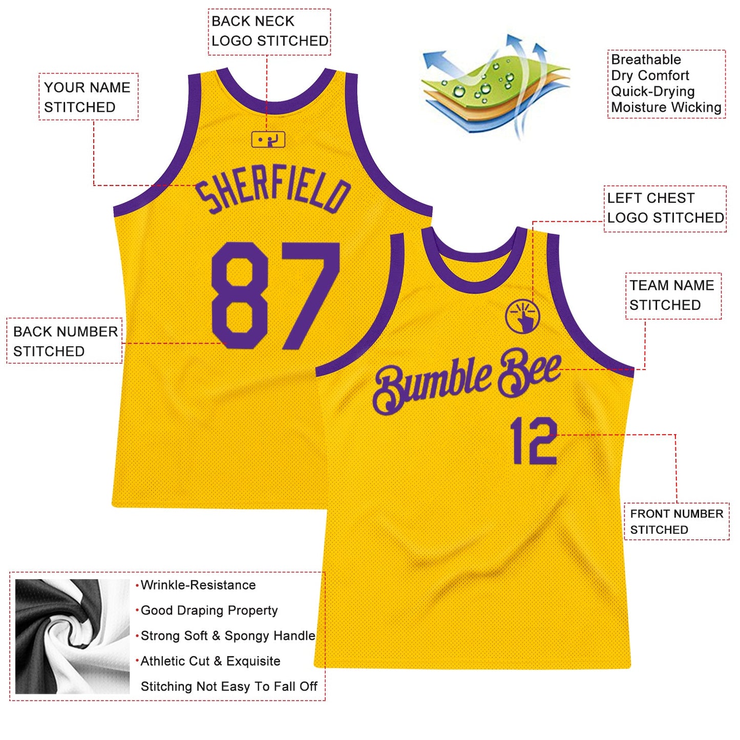 Custom Gold Purple Authentic Throwback Basketball Jersey - Sky-Custom