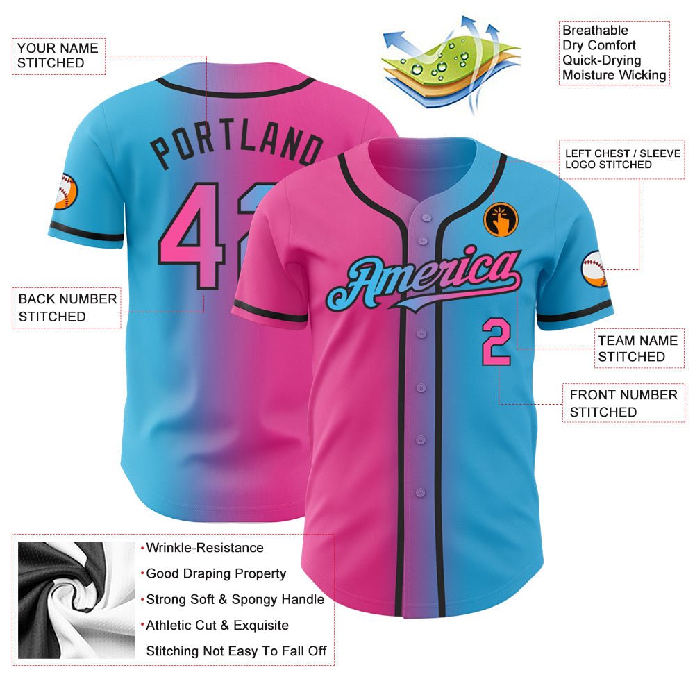 Custom Sky Blue Pink-Black Authentic Gradient Fashion Baseball Jersey - Sky-Custom