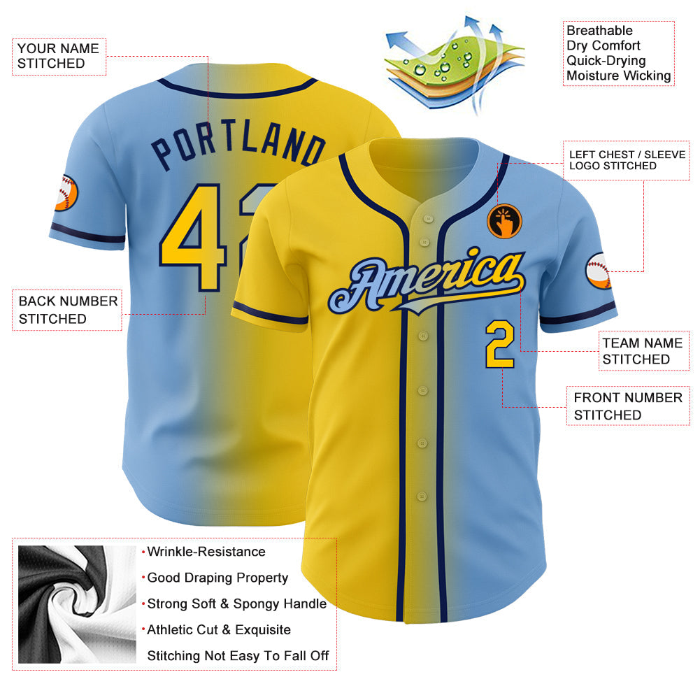 Custom Light Blue Yellow-Navy Authentic Gradient Fashion Baseball Jersey - Sky-Custom